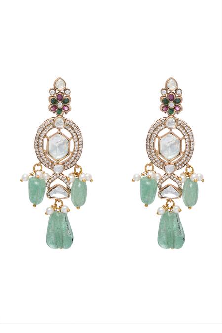 Buy_Moh-Maya By Disha Khatri_Green Pearls, Zari, Beads Moissanite Polki Embellished Necklace Set _Online_at_Aza_Fashions