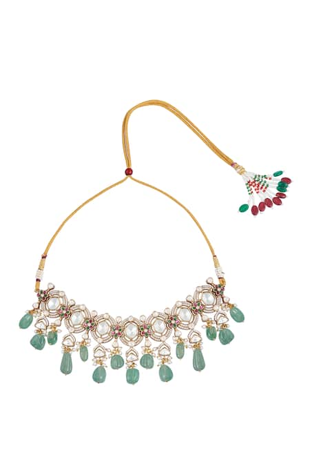Moh-Maya By Disha Khatri_Green Pearls, Zari, Beads Moissanite Polki Embellished Necklace Set _at_Aza_Fashions
