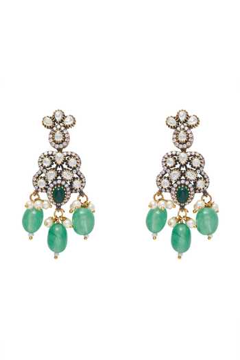 Buy_Moh-Maya By Disha Khatri_Green Pearls, Stones, Zari Floral Carved Pendant Necklace Set _Online_at_Aza_Fashions