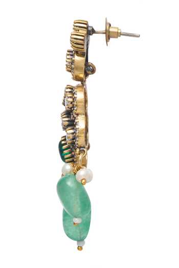 Shop_Moh-Maya By Disha Khatri_Green Pearls, Stones, Zari Floral Carved Pendant Necklace Set _Online_at_Aza_Fashions
