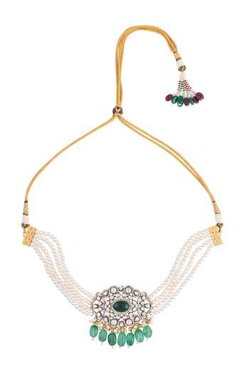 Moh-Maya By Disha Khatri_Green Pearls, Stones, Zari Floral Carved Pendant Necklace Set _at_Aza_Fashions