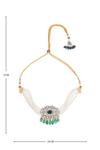 Shop_Moh-Maya By Disha Khatri_Green Pearls, Stones, Zari Floral Carved Pendant Necklace Set 