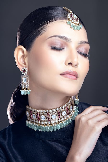 Shop_Moh-Maya By Disha Khatri_Gold Plated Pearls, Beads, Zari Polki Embellished Choker Set _Online_at_Aza_Fashions