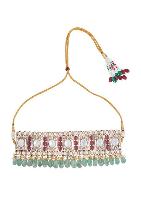 Buy_Moh-Maya By Disha Khatri_Gold Plated Pearls, Beads, Zari Polki Embellished Choker Set 