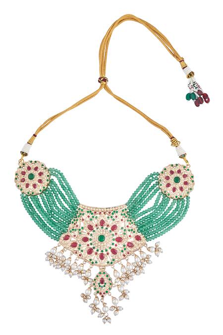 Buy Moh-Maya By Disha Khatri Gold Plated Pearls, Beads, Zari Geometric Carved Pendant Necklace Set Online at Aza Fashions Buy_Moh-Maya By Disha Khatri_Gold Plated Pearls, Beads, Zari Geometric Carved Pendant Necklace Set _Online_at_Aza_Fashions