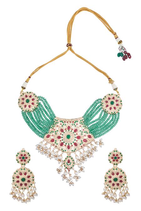 Shop Moh-Maya By Disha Khatri Gold Plated Pearls, Beads, Zari Geometric Carved Pendant Necklace Set Online at Aza Fashions Shop_Moh-Maya By Disha Khatri_Gold Plated Pearls, Beads, Zari Geometric Carved Pendant Necklace Set _Online_at_Aza_Fashions