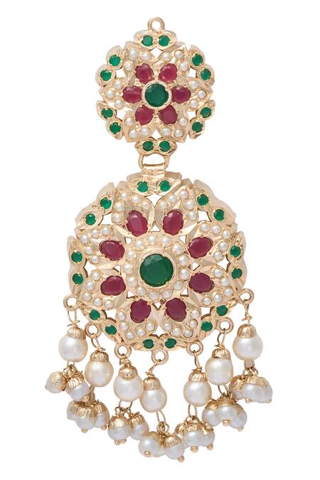 Moh-Maya By Disha Khatri Gold Plated Pearls, Beads, Zari Geometric Carved Pendant Necklace Set at Aza Fashions Moh-Maya By Disha Khatri_Gold Plated Pearls, Beads, Zari Geometric Carved Pendant Necklace Set _at_Aza_Fashions