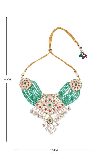 Buy Moh-Maya By Disha Khatri Gold Plated Pearls, Beads, Zari Geometric Carved Pendant Necklace Set Buy_Moh-Maya By Disha Khatri_Gold Plated Pearls, Beads, Zari Geometric Carved Pendant Necklace Set