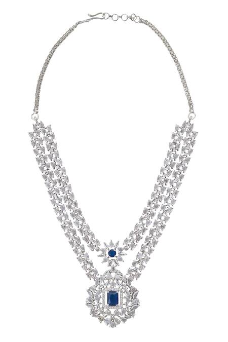 Shop_Moh-Maya By Disha Khatri_Silver Plated Zari Zirconia Embellished Pendant Necklace Set _Online_at_Aza_Fashions