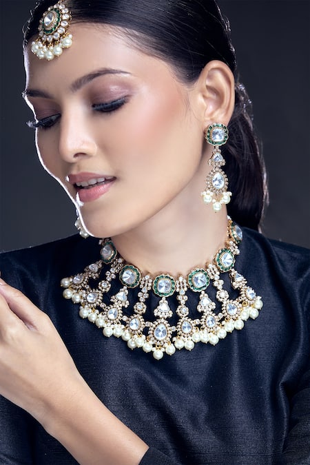 Moh-Maya by Disha Khatri Gold Plated Moissanite Polki Studded Necklace Set 