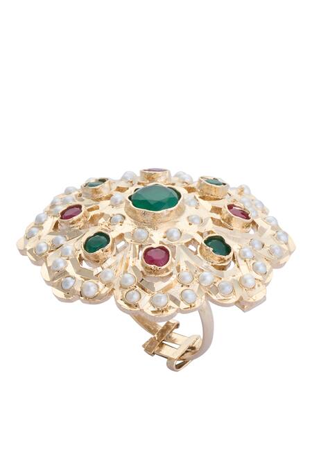 Moh-Maya By Disha Khatri_Gold Plated Pearls, Rhinestones, Stones Embellished Ring _Online_at_Aza_Fashions