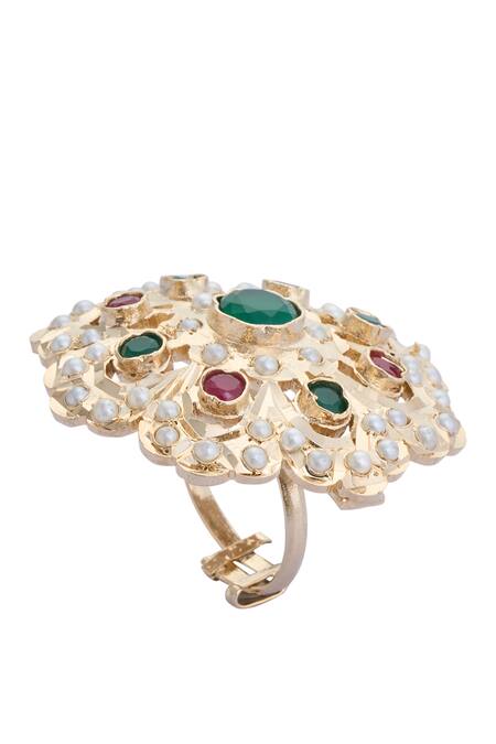 Buy_Moh-Maya By Disha Khatri_Gold Plated Pearls, Rhinestones, Stones Embellished Ring _Online_at_Aza_Fashions