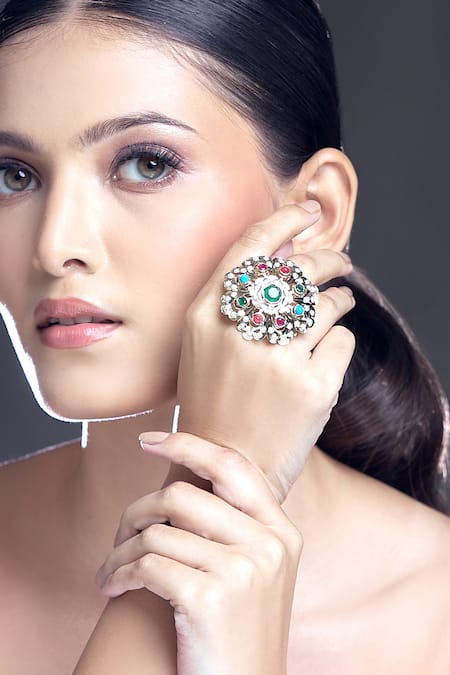 Moh-Maya By Disha Khatri_Multi Color Pearls, Stones, Rhinestones Studded Ring _Online_at_Aza_Fashions