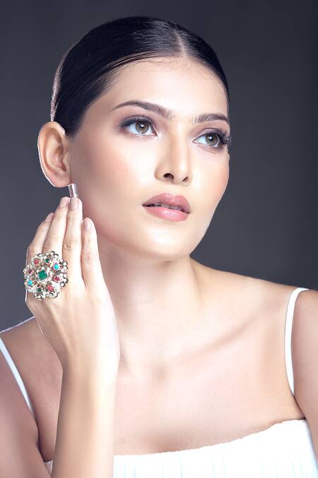 Shop_Moh-Maya By Disha Khatri_Multi Color Pearls, Stones, Rhinestones Studded Ring _Online_at_Aza_Fashions