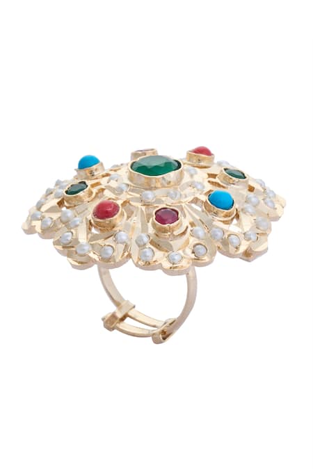 Buy_Moh-Maya By Disha Khatri_Multi Color Pearls, Stones, Rhinestones Studded Ring 