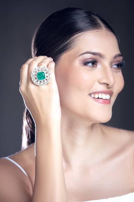 Buy_Moh-Maya By Disha Khatri_Gold Plated Pearls, Stones, Zari Moissanite Polki Embellished Ring _Online_at_Aza_Fashions