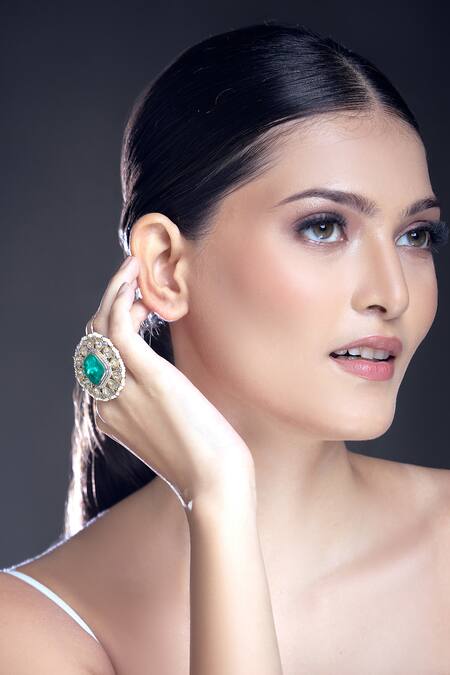 Shop_Moh-Maya By Disha Khatri_Gold Plated Pearls, Stones, Zari Moissanite Polki Embellished Ring _Online_at_Aza_Fashions