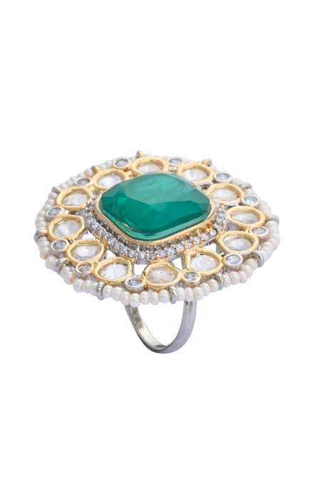 Moh-Maya By Disha Khatri_Gold Plated Pearls, Stones, Zari Moissanite Polki Embellished Ring _at_Aza_Fashions