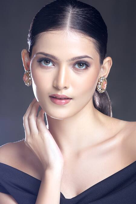 Moh-Maya By Disha Khatri_Gold Plated Stones, Zari Geometric Carved Studs _Online_at_Aza_Fashions