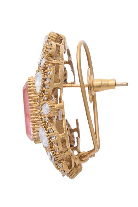 Shop_Moh-Maya By Disha Khatri_Gold Plated Stones, Zari Geometric Carved Studs _Online_at_Aza_Fashions