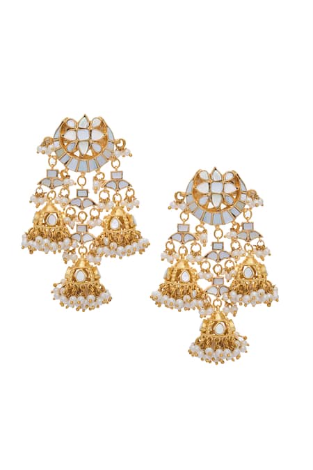 Shop Moh-Maya By Disha Khatri Gold Plated Mirrors, Pearls, Beads Embellished Earrings at Aza Fashions Shop_Moh-Maya By Disha Khatri_Gold Plated Mirrors, Pearls, Beads Embellished Earrings _at_Aza_Fashions