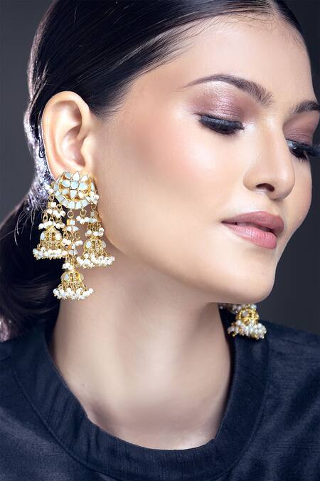Shop Moh-Maya By Disha Khatri Gold Plated Mirrors, Pearls, Beads Embellished Earrings Online at Aza Fashions Shop_Moh-Maya By Disha Khatri_Gold Plated Mirrors, Pearls, Beads Embellished Earrings _Online_at_Aza_Fashions