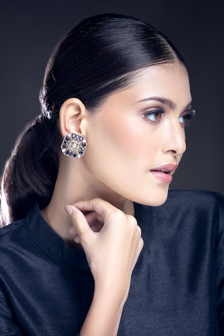Shop_Moh-Maya By Disha Khatri_Gold Plated Zari, Smocking Zirconia Studded Earrings _Online_at_Aza_Fashions