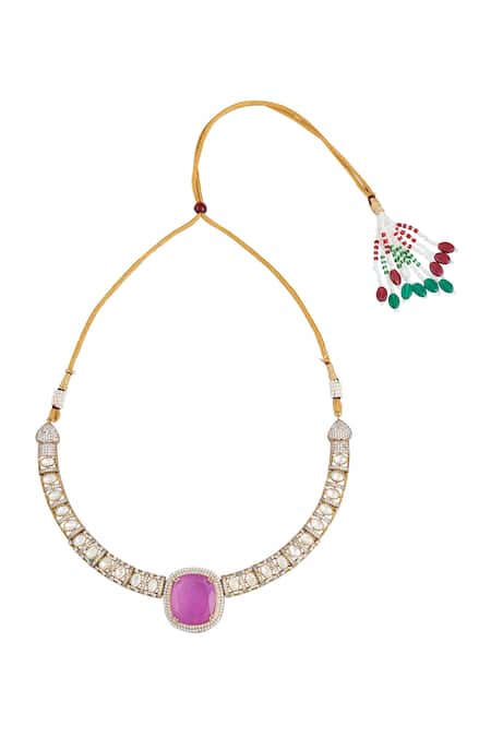 Moh-Maya By Disha Khatri_Gold Plated Zari Amethyst Stone Embellished Pendant Necklace Set _at_Aza_Fashions