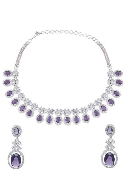 Shop Moh-Maya By Disha Khatri Purple Zari Zirconia Embellished Necklace Set at Aza Fashions Shop_Moh-Maya By Disha Khatri_Purple Zari Zirconia Embellished Necklace Set _at_Aza_Fashions