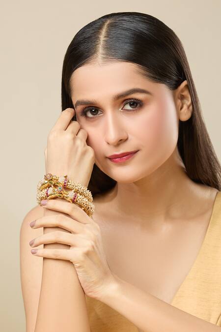 Buy_Nazaakat By Samara Singh_Gold Plated Pearls, Stones Tassel Jadau Bangles-Set of 2 _Online_at_Aza_Fashions