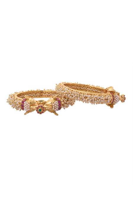 Shop_Nazaakat By Samara Singh_Gold Plated Pearls, Stones Tassel Jadau Bangles-Set of 2 _Online_at_Aza_Fashions