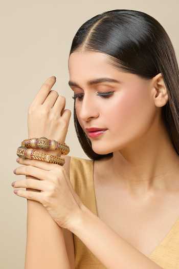 Nazaakat By Samara Singh_Gold Plated Stones, Embroidery Studded Jadau Bangles-Set of 2 _Online_at_Aza_Fashions