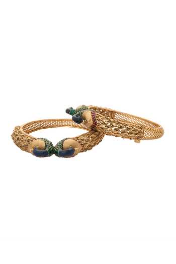 Shop_Nazaakat By Samara Singh_Gold Plated Embroidery Enamel Peacock Bangles-Set of 2 _Online_at_Aza_Fashions