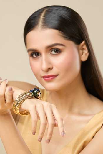 Nazaakat By Samara Singh_Gold Plated Embroidery Enamel Peacock Bangles-Set of 2 _at_Aza_Fashions