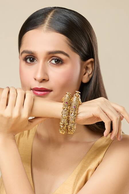 Shop Nazaakat By Samara Singh Gold Plated Stones Carved Foliage Bangles-Set of 2 Online at Aza Fashions Shop_Nazaakat By Samara Singh_Gold Plated Stones Carved Foliage Bangles-Set of 2 _Online_at_Aza_Fashions