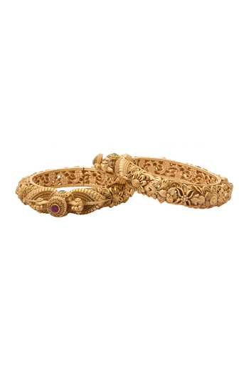 Nazaakat By Samara Singh_Gold Plated Stones Carved Floral Jadau Bangles-Set of 2 _Online_at_Aza_Fashions