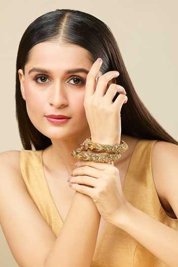 Buy_Nazaakat By Samara Singh_Gold Plated Stones Carved Floral Jadau Bangles-Set of 2 _Online_at_Aza_Fashions