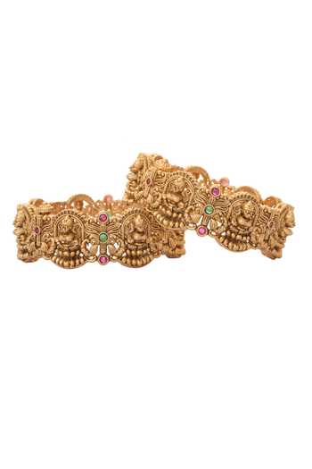Nazaakat By Samara Singh_Gold Plated Stones Carved Laxmi Bangles-Set of 2 _Online_at_Aza_Fashions