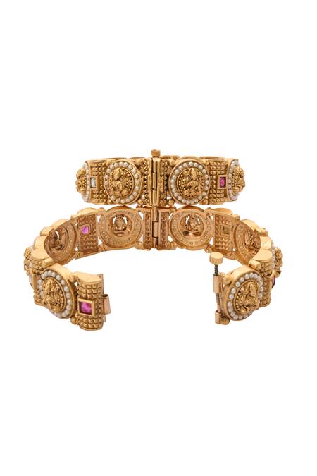 Buy_Nazaakat By Samara Singh_Gold Plated Pearls, Stones Laxmi Studded Bangles-Set of 2 _Online_at_Aza_Fashions