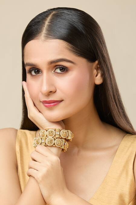 Shop_Nazaakat By Samara Singh_Gold Plated Pearls, Stones Laxmi Studded Bangles-Set of 2 _Online_at_Aza_Fashions