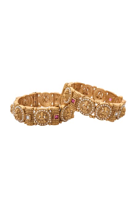 Nazaakat By Samara Singh_Gold Plated Pearls, Stones Laxmi Studded Bangles-Set of 2 _at_Aza_Fashions