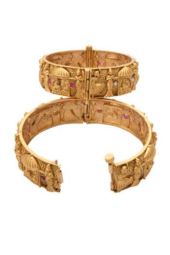 Shop Nazaakat By Samara Singh Gold Plated Stones Carved Embellished Bangles-Set of 2 Online at Aza Fashions Shop_Nazaakat By Samara Singh_Gold Plated Stones Carved Embellished Bangles-Set of 2 _Online_at_Aza_Fashions