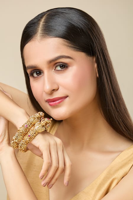 Nazaakat By Samara Singh Gold Plated Stones Carved Peacock Floral Bangles-Set of 2 Online at Aza Fashions Nazaakat By Samara Singh_Gold Plated Stones Carved Peacock Floral Bangles-Set of 2 _Online_at_Aza_Fashions