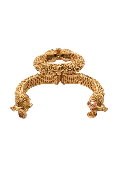 Shop Nazaakat By Samara Singh Gold Plated Stones Carved Peacock Floral Bangles-Set of 2 Online at Aza Fashions Shop_Nazaakat By Samara Singh_Gold Plated Stones Carved Peacock Floral Bangles-Set of 2 _Online_at_Aza_Fashions