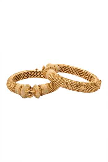Nazaakat By Samara Singh Gold Plated Diamonds, Zari Floral Carved 2 Pcs Bangles Online at Aza Fashions Nazaakat By Samara Singh_Gold Plated Diamonds, Zari Floral Carved 2 Pcs Bangles _Online_at_Aza_Fashions