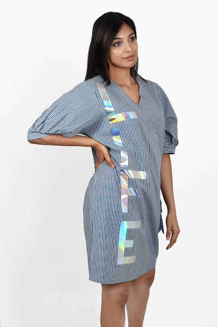 Richaa Goenka Blue Cotton Print Stripe V Neck Life Holographic Dress 