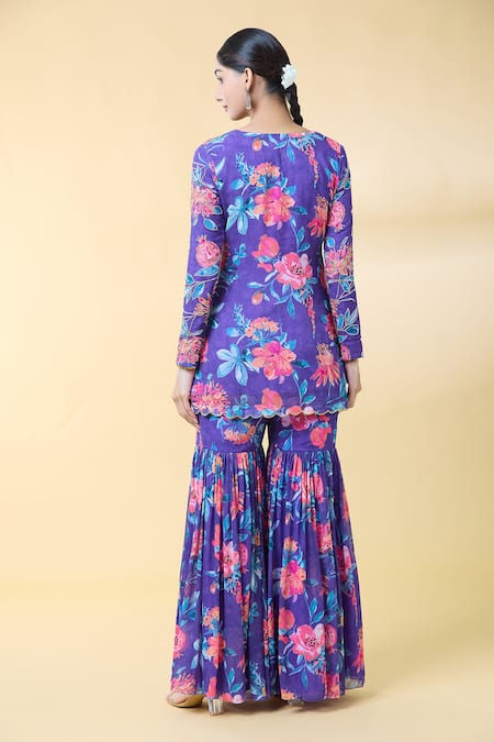 Shop Kalakaari By Sagarika Purple Georgette, Silk Organza Embroidery Floral Bloom Print Kurta Sharara Set at Aza Fashions Shop_Kalakaari By Sagarika_Purple Georgette, Silk Organza Embroidery Floral Bloom Print Kurta Sharara Set _at_Aza_Fashions