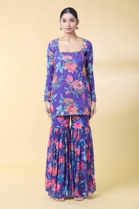 Kalakaari By Sagarika Purple Georgette, Silk Organza Embroidery Floral Bloom Print Kurta Sharara Set Online at Aza Fashions Kalakaari By Sagarika_Purple Georgette, Silk Organza Embroidery Floral Bloom Print Kurta Sharara Set _Online_at_Aza_Fashions