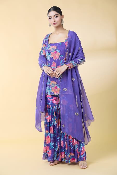 Buy Kalakaari By Sagarika Purple Georgette, Silk Organza Embroidery Floral Bloom Print Kurta Sharara Set Online at Aza Fashions Buy_Kalakaari By Sagarika_Purple Georgette, Silk Organza Embroidery Floral Bloom Print Kurta Sharara Set _Online_at_Aza_Fashions