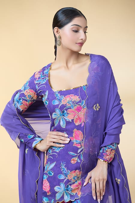 Shop Kalakaari By Sagarika Purple Georgette, Silk Organza Embroidery Floral Bloom Print Kurta Sharara Set Online at Aza Fashions Shop_Kalakaari By Sagarika_Purple Georgette, Silk Organza Embroidery Floral Bloom Print Kurta Sharara Set _Online_at_Aza_Fashions